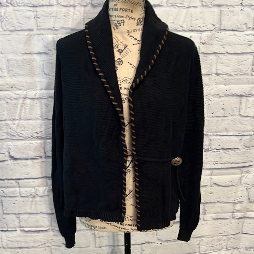 LRL Wrap Cardigan Sweater Linen Blend Concho Button Faux Leather Trim Size XS